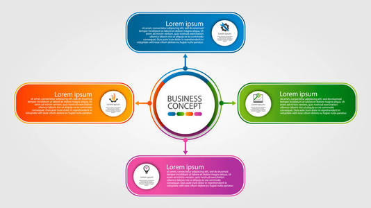 图表圈子的的现代模板。模板的图形 演示文稿 业务 web 设计 报告。与 4 个步骤，分阶段部分的彩色图表。四个圆圈，文