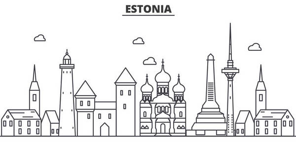 爱沙尼亚塔林建筑线天际线图。线性向量的景观，如著名的地标，市内的旅游景点，设计图标。景观与可编辑笔触