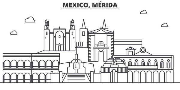 墨西哥梅里达建筑线天际线图。线性向量的景观，如著名的地标，市内的旅游景点，设计图标。可编辑笔触