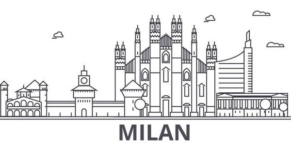 米兰建筑线天际线图。线性向量的景观，如著名的地标，市内的旅游景点，设计图标。景观与可编辑笔触