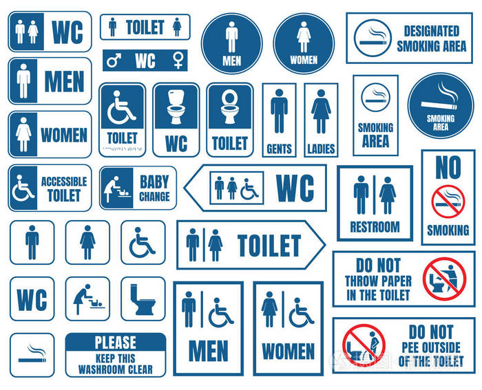 马桶矢量标志设置,洗手间 wc 贴