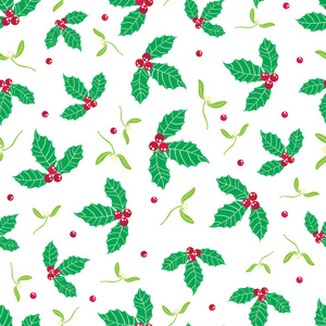 矢量绿色 红色冬青浆果和槲寄生假期无缝图案背景。伟大的冬季主题包装，giftwrap，礼品项目