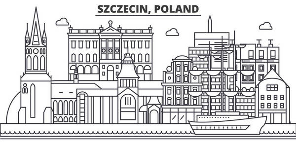 波兰什切青建筑线天际线图。线性向量的景观，如著名的地标，市内的旅游景点，设计图标。景观与可编辑笔触