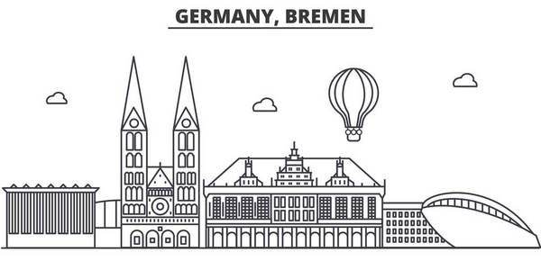 德国不来梅建筑线天际线图。线性向量的景观，如著名的地标，市内的旅游景点，设计图标。景观与可编辑笔触