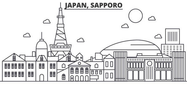 日本札幌建筑线天际线图。线性向量的景观，如著名的地标，市内的旅游景点，设计图标。景观与可编辑笔触