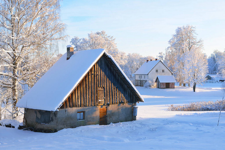 度假别墅瑞士的户外乡村别墅农场雪山奶牛背景有冬天的家和白色的雪花