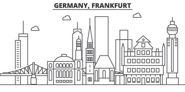 德国，法兰克福建筑线天际线图。线性向量的景观，如著名的地标，市内的旅游景点，设计图标。景观与可编辑笔触