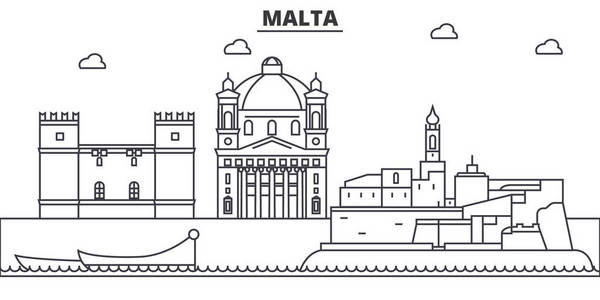 马耳他建筑线天际线图。线性向量的景观，如著名的地标，市内的旅游景点，设计图标。景观与可编辑笔触