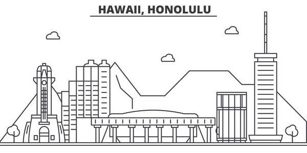 夏威夷，火奴鲁鲁建筑线天际线图。线性向量的景观，如著名的地标，市内的旅游景点，设计图标。景观与可编辑笔触