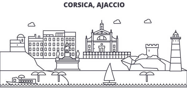 法国阿雅克肖建筑线天际线图。线性向量的景观，如著名的地标，市内的旅游景点，设计图标。景观与可编辑笔触