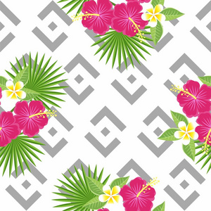 无缝热带的叶子和花棕榈 龟背竹，芙蓉花和鸡蛋花背景下的灰色和白色的几何图案
