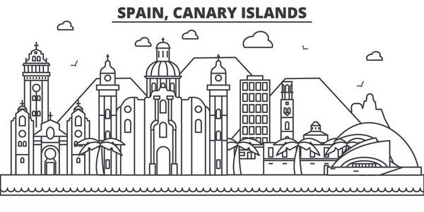 西班牙加那利群岛建筑线天际线图。线性向量的景观，如著名的地标，市内的旅游景点，设计图标。景观与可编辑笔触