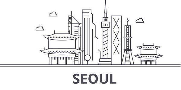 首尔建筑线天际线图。线性向量的景观，如著名的地标，市内的旅游景点，设计图标。景观与可编辑笔触