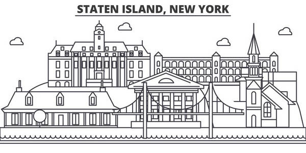 纽约斯塔滕岛建筑线天际线图。线性向量的景观，如著名的地标，市内的旅游景点，设计图标。景观与可编辑笔触