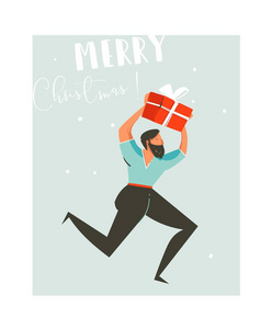 手绘制的矢量抽象圣诞时间图贺卡与运行男人的乐趣和惊喜礼品盒蓝色背景上孤立