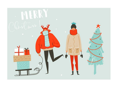 手绘矢量抽象有趣圣诞时间卡通插图集与组在冬季服装的人，多的惊喜礼品盒雪橇和圣诞节树孤立在蓝色背景上