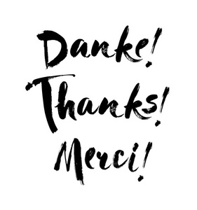 谢谢你刻字在英语，法语，德国谢谢，谢谢，丹科手绘制的矢量短语。手写的邀请和贺卡现代毛笔书法