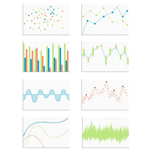 具有不同图表的向量集。 白色背景下的金融信息图表。