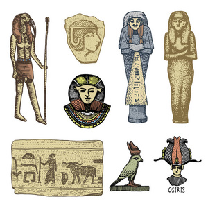埃及的象征，法老号，scorob，象形文字和欧西里斯的头，神复古，刻的手绘草图或砍风格，老看复古，木头中分离向量现实例证