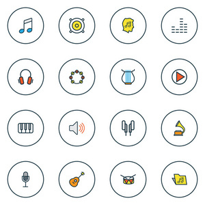 音乐多彩大纲图标集。声音 扬声器 留声机和其他元素的集合。此外包括符号，如体积 键，启动