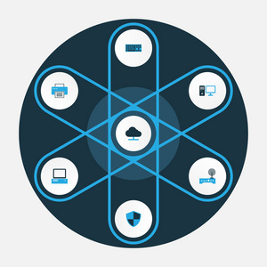 计算机彩色图标集。计算机 调制解调器 防火墙和其他元素的集合。此外包括路由器 无线网络 防火墙等符号