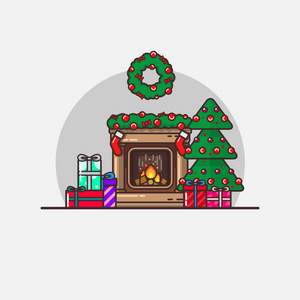 新年圣诞节矢量图孤立在扁线形风格。圣诞节的气氛，与美在壁炉与礼物，圣诞树袜子的礼物。适合于小册子的问候