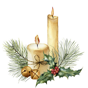 节日装饰的水彩圣诞蜡烛。手绘蜡烛 冬青 圣诞树枝和孤立的白色背景上的钟。圣诞植物剪贴画设计或打印。节日贺卡