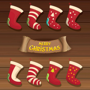 矢量卡通可爱的圣诞袜或颜色装饰的袜子。快乐圣诞矢量贺卡