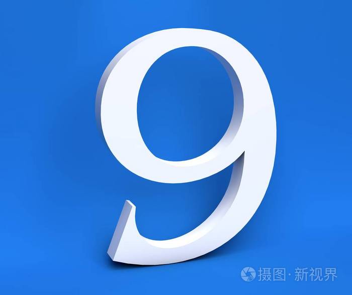 蓝色背景上的白色数9九3d渲染