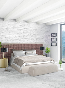 阁楼卧室中的折衷主义墙与时尚沙发现代风格室内设计。3d 渲染