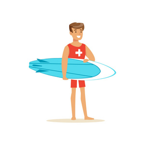 男救生员在红色短裤配冲浪板上海滩矢量插图, 专业救助者照片