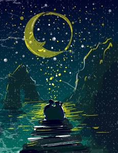 相爱的情侣在星空下的天空中互相拥抱在海旁码头矢量插图照片