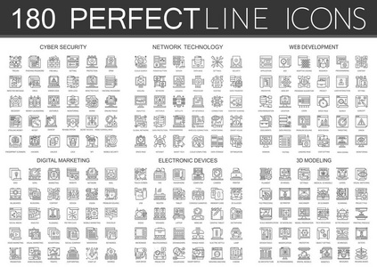 180 大纲迷你概念图表符号图标的网络安全 网络技术 web 开发 数字营销，电子设备，3d 建模