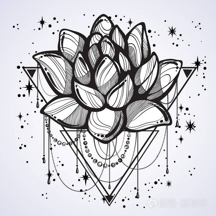 莲花上神的几何学和散射的星星.纹身艺术.
