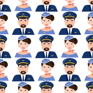 飞行员和空姐脸在统一机场字符飞行飞机旅行人助理专业无缝图案背景矢量图