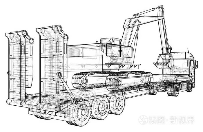 插画 低床卡车拖车和挖掘机.线框.eps10 格式.创建的 3d 矢量.eps
