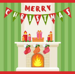 矢量图的圣诞装饰和袜子，壁炉。圣诞贺卡