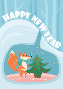新的一年矢量卡可爱狐狸与装饰的枞树的巢穴