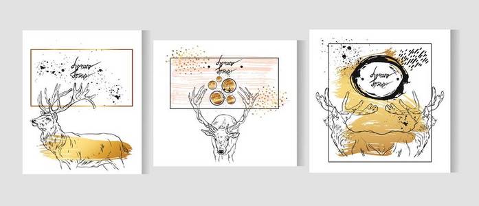 手绘制的矢量抽象图形黄金卡模板设置与分离金，黑色和白色的颜色在白色背景上的鹿。快乐圣诞，快乐新年贺卡集合