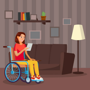 残疾人的生活.微笑残疾的女性.白色卡通人物插图上孤立照片