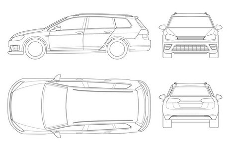 在大纲中的矢量两厢车。紧凑的混合动力汽车。环保型高科技汽车。容易更改线条的粗细。白视图前 后 侧，顶一个孤立的模板矢量