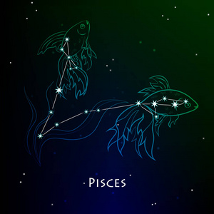 双鱼座的星座星座黄道星座和水瓶座与星座圆圈在星空夜空背景与几何