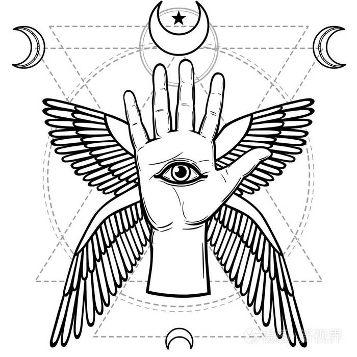 插画 神秘的符号: 人的手,上帝之眼,神圣几何学.密宗,宗教和神秘主义.
