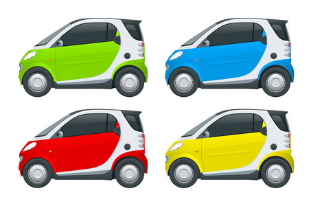 矢量紧凑的小型车。小型紧凑混合动力车。环保型高科技汽车。容易的颜色变化。矢量模板分离的白色看法