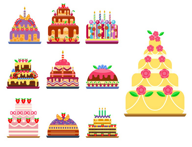 婚礼蛋糕饼手画风格甜食甜点烘焙仪式美味的矢量插图