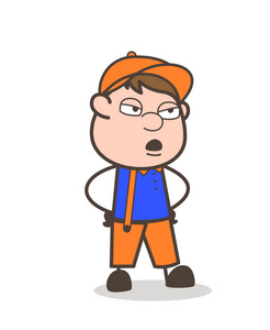 卡通工人闷闷不乐的脸表达载体照片