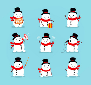 组的俏皮可爱的雪人。从圣诞节的字符集合中的元素。新年快乐，祝你圣诞节的设计元素。矢量图