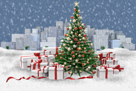 装饰圣诞树和礼物在雪地里。城市三维图的背景