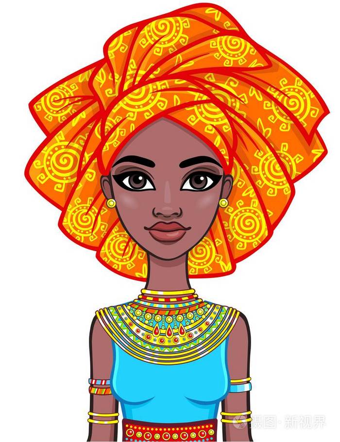 动画的漂亮的非洲姑娘在头巾的画像.鲜艳的民族服装.