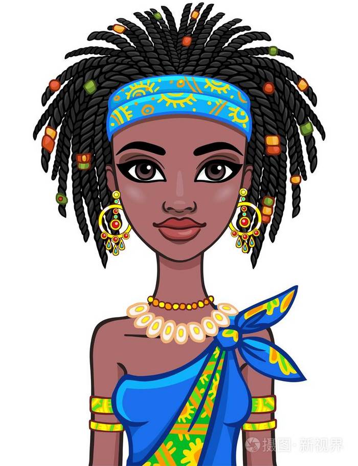 动画的迷人的非洲女孩的画像.鲜艳的民族服装.